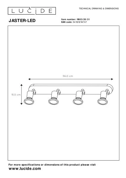 Lucide JASTER-LED - Ceiling spotlight - LED - GU10 - 4x5W 2700K - White - technical